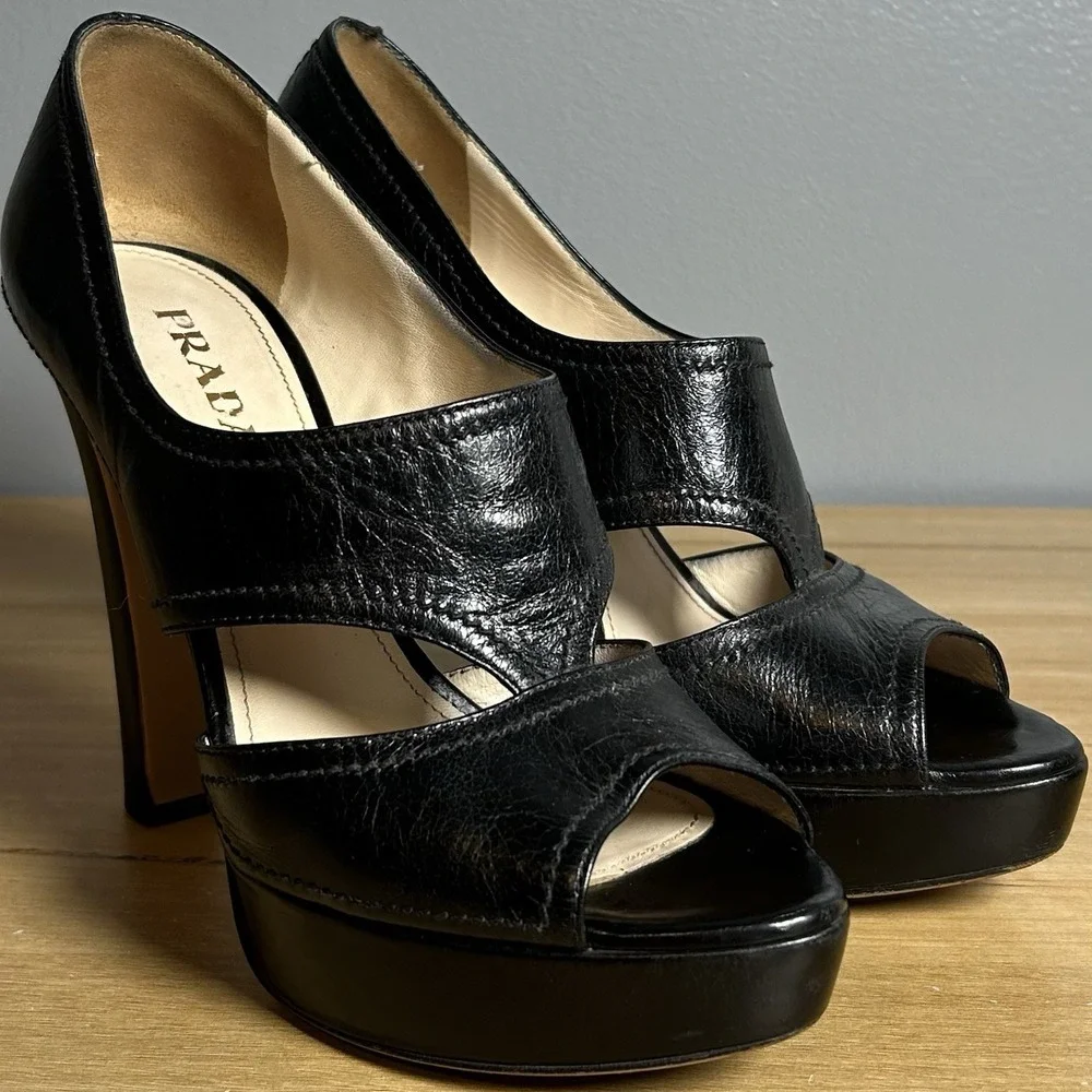 Prada Black Leather Cutout Platform Open Toe Stiletto Pumps